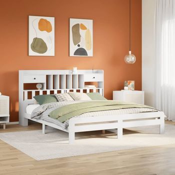 Cama Matrimonial | Cama Para Adultos | Cama Con Estantería Sin Colchón Madera Maciza Blanca 180x200 Cm Cfw36881