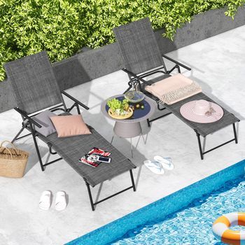 Juego De 2 Sillones Plegables Con Respaldo De 6 Niveles Tela De Asiento Transpirable Marco De Metal Para Patio 189 X 64 X 102 Cm Gris