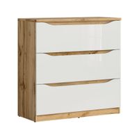 comoda 3 cajones tableros de aglomerado laminados blanco y madera