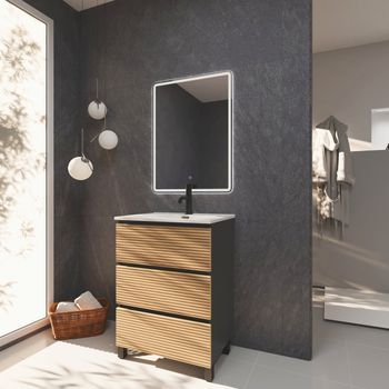 Conjunto De Baño Yinu | 60 Cm Negro - Solomon | Tres Cajones | Lavabo Empotrado | Mueble Montado | No Incluye Espejo | Alday