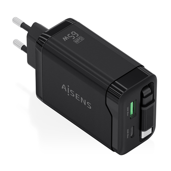 AISENS Cargador GaN 65W 1xUSB C Cable Retractil 1xUSB C PD3 0 1xUSB A QC3 0 Negro