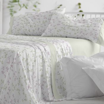 Juego De Sábanas 50% Algodón Diseño Floral Lavanda 150 X 190/200 Cm - Verde - Burrito Blanco