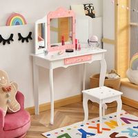 set mesa tocador taburete ninos maquillaje espejo cajon blanco rosa