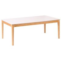 mesa de centro moderna con tablero de ceramica efecto marmol estructura de madera de caucho marron claro rectangular marmol blanco bonney