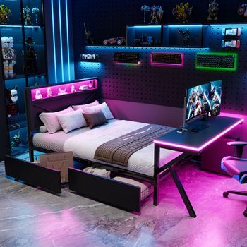 Cama Gaming De 140x200 Cm Con Escritorio Led Integrado Y 2 Cajones, Negra