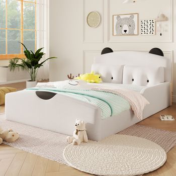 Cama Tapizada De 140 X 200 Cm, Cabecero Acolchado Con Diseño De Oso, Blanca