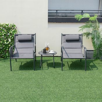 Juego Bistró 3 Piezas Mesa Centro Silla Metal Tela Asiento Transpirable Reposacabezas Piscina Porche Patio Gris