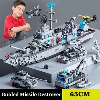 Bloques de Construcción de Barcos Militares 6 en 1 de 65.5CM, Juguetes de Modelos de Aviones y Embarcaciones del Ejército, Regalos de Navidad para Niños