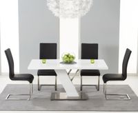 palma 160cm white high gloss dining table with malaga chairs - black 4 chairs