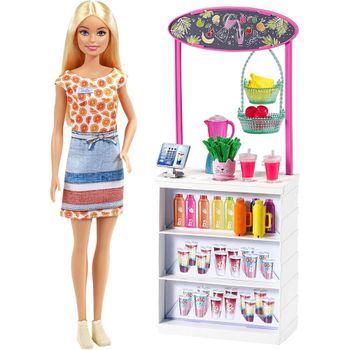 Muñeca Barbie rubia puesto de smoothies bar con batidos de frutas