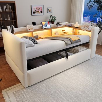Sofá Cama Individual 90 X 190 Cm Beige Con Almacenaje Hidráulico, Luz Led Y Enchufes