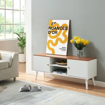 Mueble De Tv Reyljand Con Compartimentos 120x35x50 Cm - Blanco/madera De Teca [en.casa]