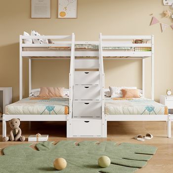 Cama Alta, Madera De Pino,90x200cm,3 Camas,blanca.