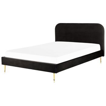 Cama Con Somier De Terciopelo Negro Dorado 180 X 200 Cm Patas De Metal Flayat