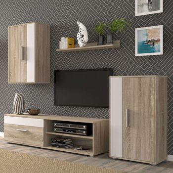 Mueble De Salón Modular Barato Mini Moderno Con Mueble Tv Y Columna Lateral En Color Roble Sonoma Y Blanco
