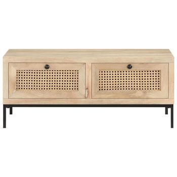 Mesa De Centro 50x90x37 Cm Madera Maciza De Mango Con Acabado Blanqueado, Mimbre Natural Y Acero Con Recubrimiento En Polvo - Marrón