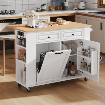 Isla De Cocina Con Ruedas, Mesa Extensible Y Tomas Eléctricas, Blanca, 120 Cm