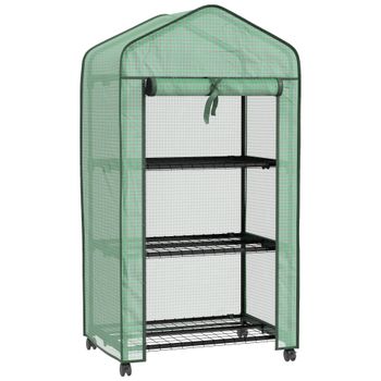 Outsunny Mini invernadero de jardín con 3 estantes, cubierta de PE de alta densidad, puerta enrollable, 4 ruedas, 69x49x130 cm   Aosom España