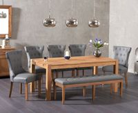 verona 180cm solid oak dining table with camille grey faux leather chairs and camille faux leather bench - grey 2 chairs