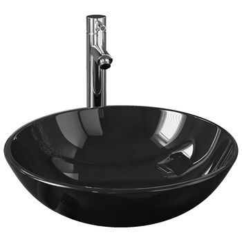 Lavabo De Baño Grifo Y Desagüe De Empuje Vidrio Templado Negro Vidaxl