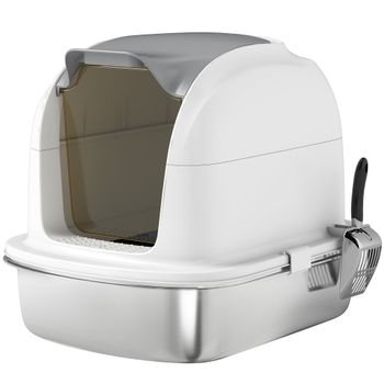 PawHut Arenero para Gatos de Acero Inoxidable XL con Tapa Abatible Laterales Altos Entrada Superior Pala Blanco