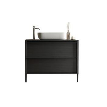 Mueble De Baño Con Lavabo Y 2 Cajones, Longitud 92cm, Colección Frassi. Color Negro Ceniza.