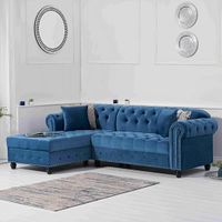 blake left facing blue velvet 3 seater chaise corner sofa