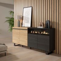 aparador efecto madera roble y negro 200x35x87cm chimenea efecto fuego