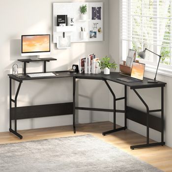 Escritorio Forma L Con Enchufe Corriente Soporte Monitor Móvil Estación Trabajo 2 Personas 225 Cm Negro Cfw94076