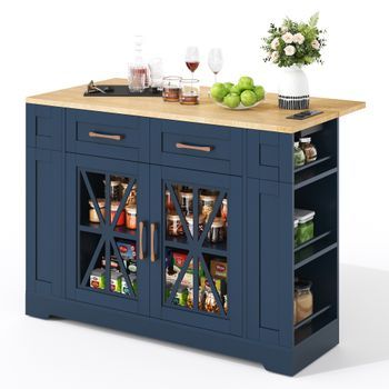 Isla De Cocina Extensible De 120 Cm Con Mesa Plegable, Enchufes Y Usb, Puertas De Cristal, Mdf, Azul Y Natural