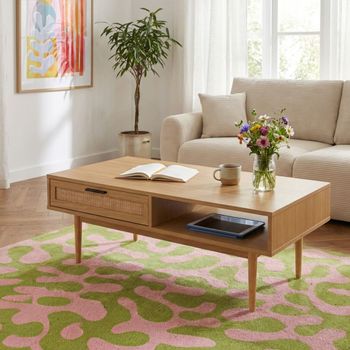 Mesa de centro con efecto roble y caña de ratán 115cm
