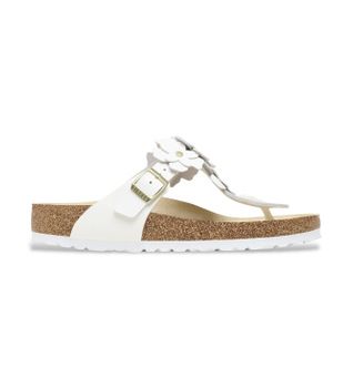Birkenstock para mujer. 1026735 Sandalias de Piel Gizeh Flower Embellishment (Ajuste Estrecho) blanco (40), Plano, Hebilla, Casual