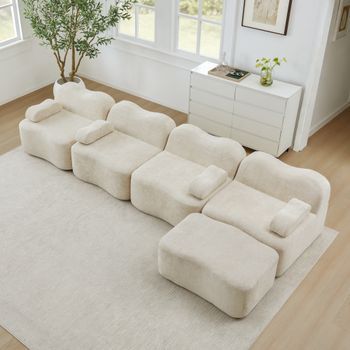 Sofá Modular De 4 Plazas En Forma De L, Beige, Con Puf Y Espuma 32d