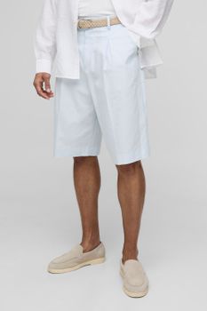 Pantalón Corto Holgado Entallado De Mezcla De Lino Plisado Con Cintura Fija, Azul
