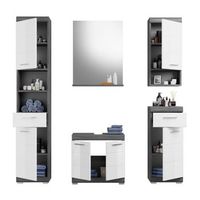 conjunto para bano scott  mueble bajo lavabo espejo columna y 2 medias columnas  gris oscuro y blanco
