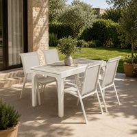 conjunto de jardin con mesa rectangualr y sillas blanco envejecido