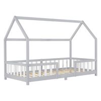 cama para ninos en forma de casa con reja protectora madera de pino 207 x 96 x 140 cm chapa de madera gris claro blanco mate lacado encasa