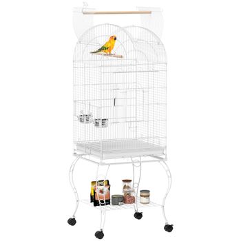 PawHut Jaula para Pájaros con Ruedas y Estante 51x51x153 cm con Parte Superior Abatible Comederos y Bandeja Extraíble Blanco