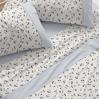 Juego De Sábanas 50% Algodón Diseño Cerecitas Azul 135 X 190/200 Cm - Azul - Burrito Blanco