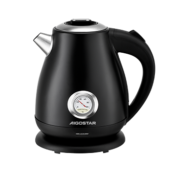 Aigostar Adrian - Hervidor de agua eléctrico Retro, 1,7L, Acero Inoxidable, 2200W,Indicador de Temperatura, Nivel de agua, Apagado Automático, Protección contra la ebullición en seco, Libre BPA, Negro