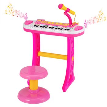 Costway Juego de Teclado Infantil de 31 Teclas Instrumento Musical Portátil Múltiples Sonidos Luz Micrófono Taburete Ajustable para Niños 3+ Años Rosa