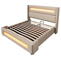 cama tapizada 160x200 cm - cama juvenil con iluminacion led - cama con almacenamiento y carga usb tipo-c - beige - con colchon
