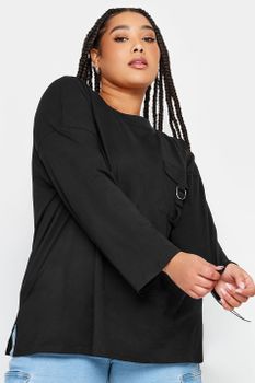 Limited Collection Camiseta Negra Manga Larga Con Bolsillo Utility, Mujer Curvy Y Tallas Grandes, Limited Collection