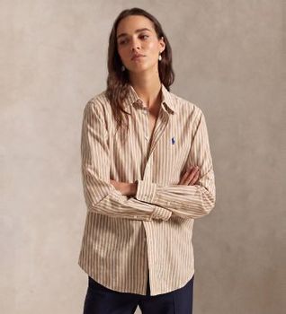 Polo Ralph Lauren para mujer. 211971514501 Camisa de algodón y lino Classic Fit marrón (S), Casual, Manga larga