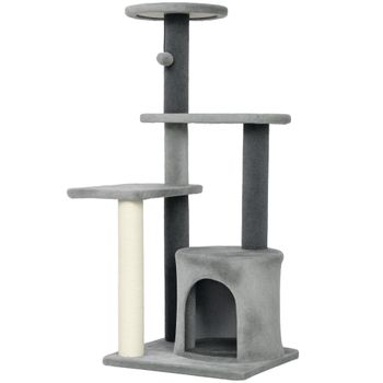 PawHut Árbol para Gatos Multinivel Alto 103 cm con Postes Rascadores en Sisal, Caseta y Bolita de Peluche, Gris   Aosom España