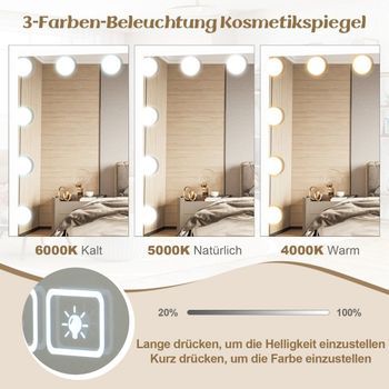 Espejo Hollywood Con Iluminación, Puerto De Carga Usb Y Altavoz Bluetooth, Espejo De Aumento Para Dormitorio, 58 X 46 Cm, Blanco