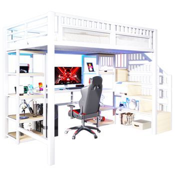 Litera Doble De 140x200, Con Estructura Metálica, Estante, Escalera Con Espacio De Almacenamiento, Escritorio, Led, Usb, Color Blanco, Sin Colchón.