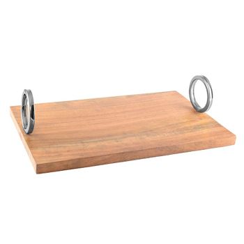 Bandeja rectangular de madera con asa plateada 40x26x11 cm