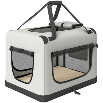 PawHut Transportín Perros Gatos Plegable 60x42x44 cm Correa para Coche Cojín Lavable Cuenco Plegable 2 Bolsillos Gris Claro
