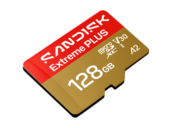 Tarjeta Micro SD - SANDISK Extreme PLUS, 128 GB, Hasta 250 MB/s de lectura, 5K y 4K UHD, V30, A2, U3, UHD-I, Adaptador SD, Oro